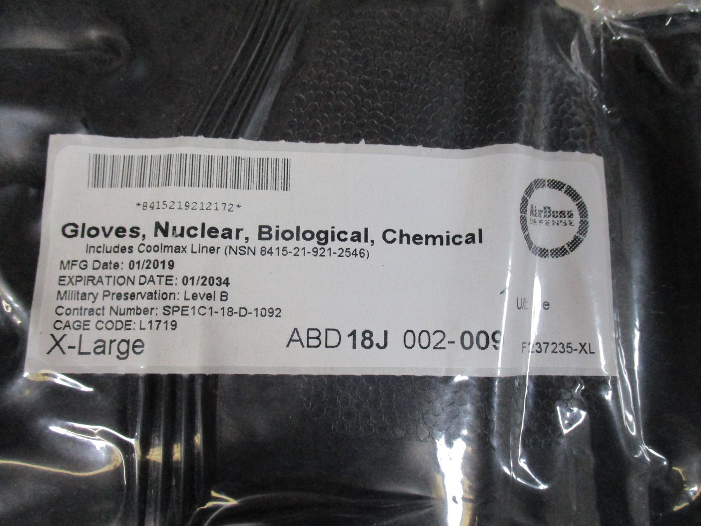 New AirBoss Defense JSLIST Block 2 NBC Protective Gloves Extra Large Sealed