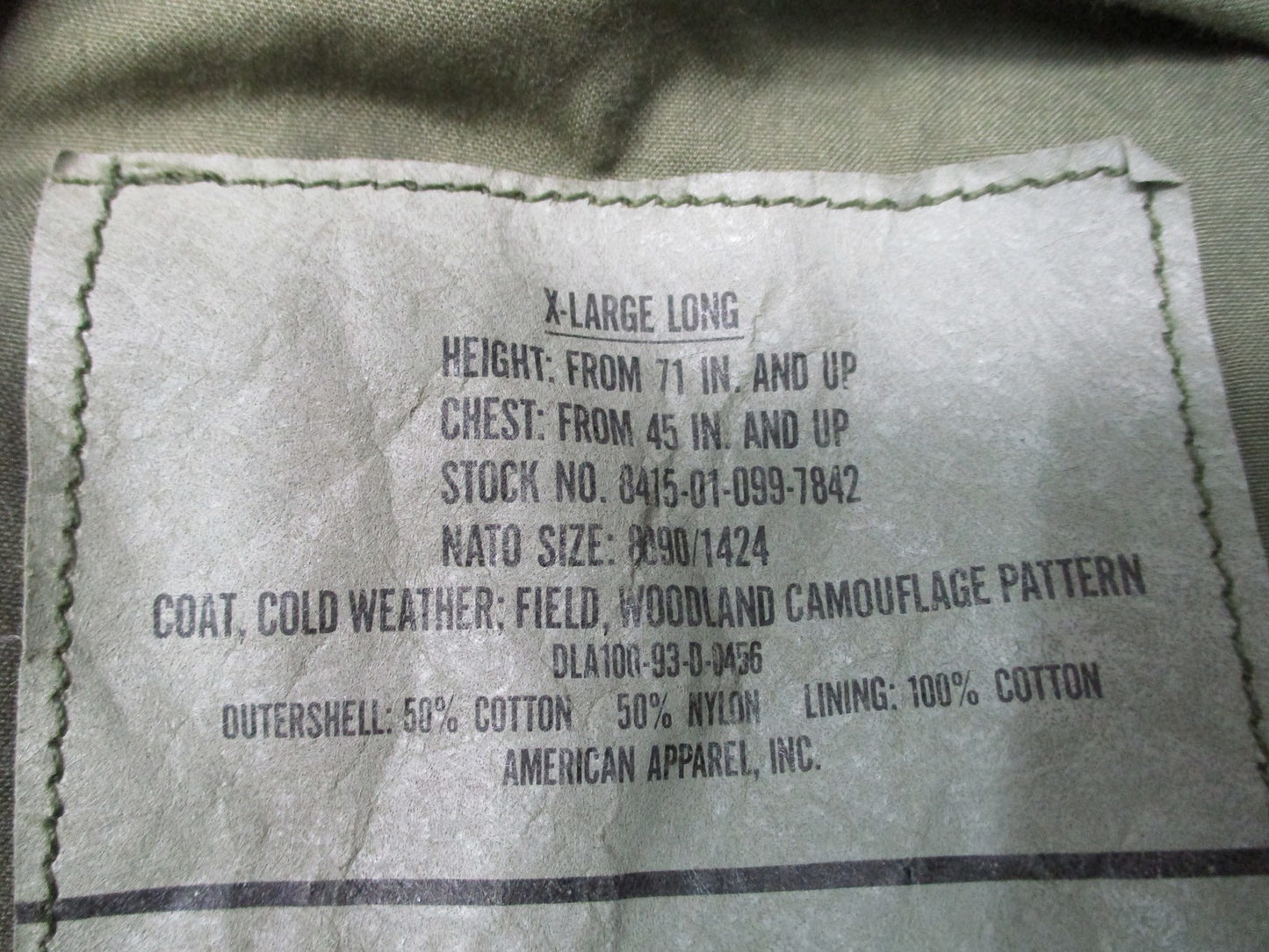 MILITARY USGI ARMY WOODLAND BDU M-65 FIELD JACKET X-LARGE/LONG COLD WEATHER COAT