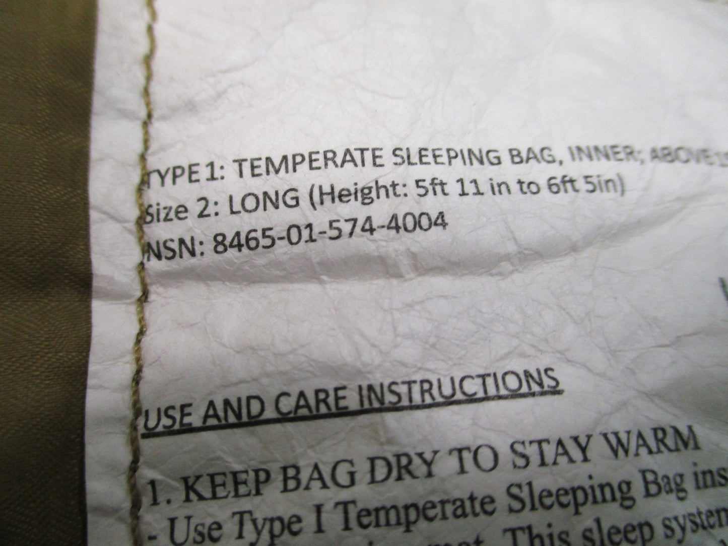 US Military MSS Temperate Sleeping Bag Inner Green Long 8465-01-574-4004 Surplus
