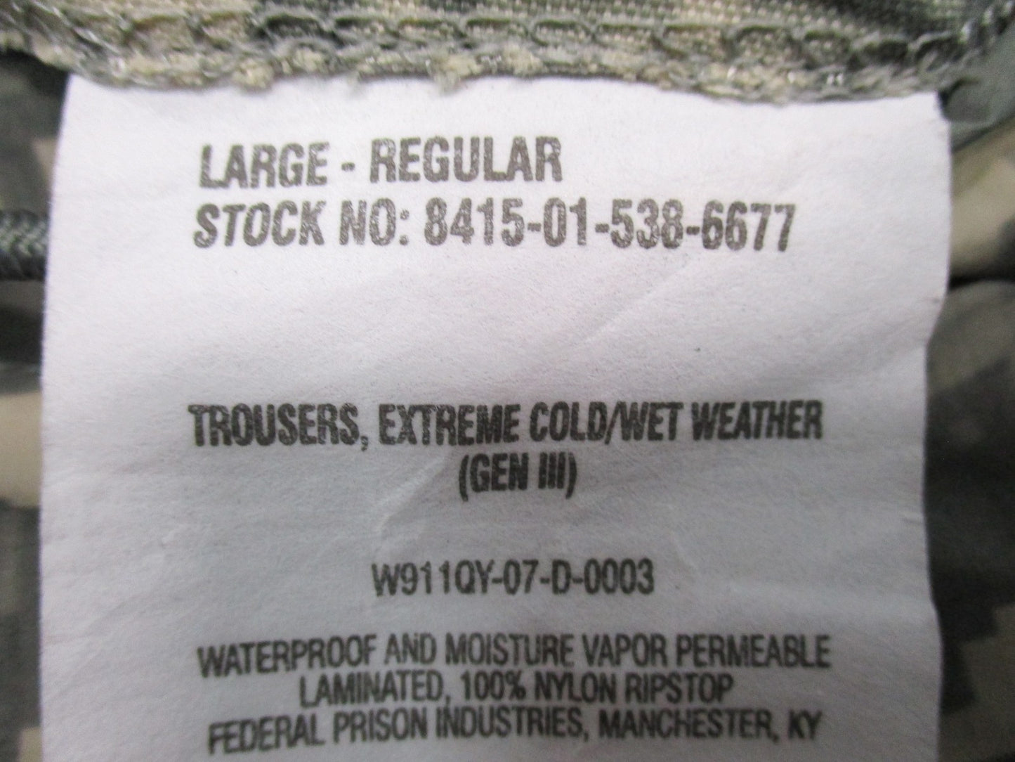 GEN 3 ACU DIGITAL GORE-TEX PANTS LEVEL 6 TROUSERS WET WEATHER PANTS LARGE/REG