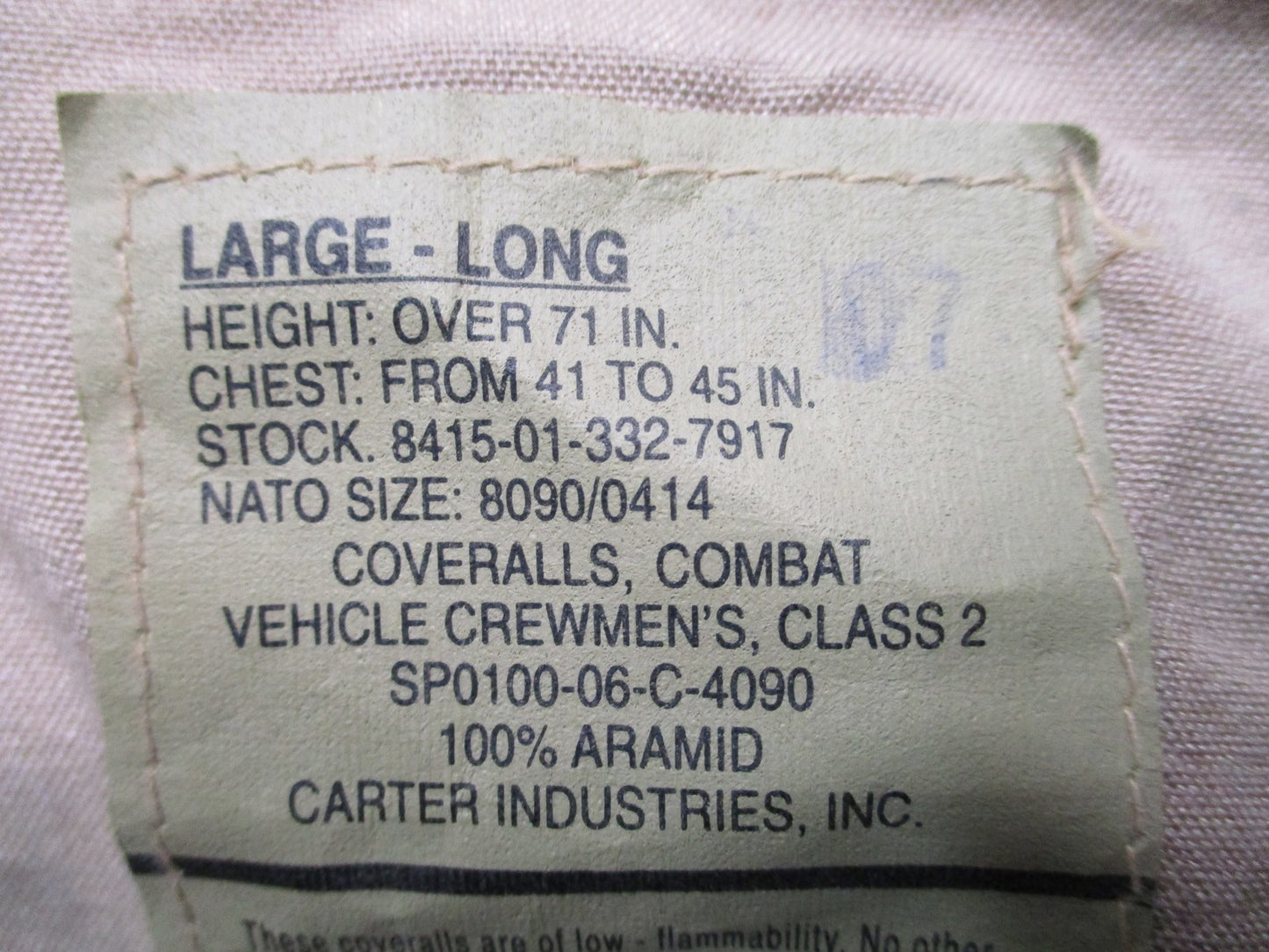 USGI Army Issue CVC Combat Vehicle Crewmen's Overalls Large-Long Tan 100% Aramid