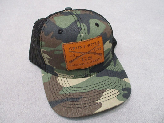 New Grunt Style This We'll Defend Woodland Camo Mesh Snapback Hat Leather Patch