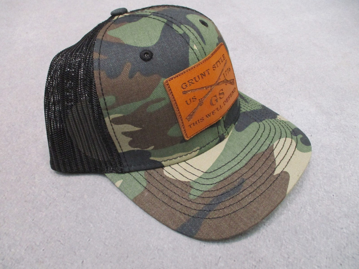 New Grunt Style This We'll Defend Woodland Camo Mesh Snapback Hat Leather Patch