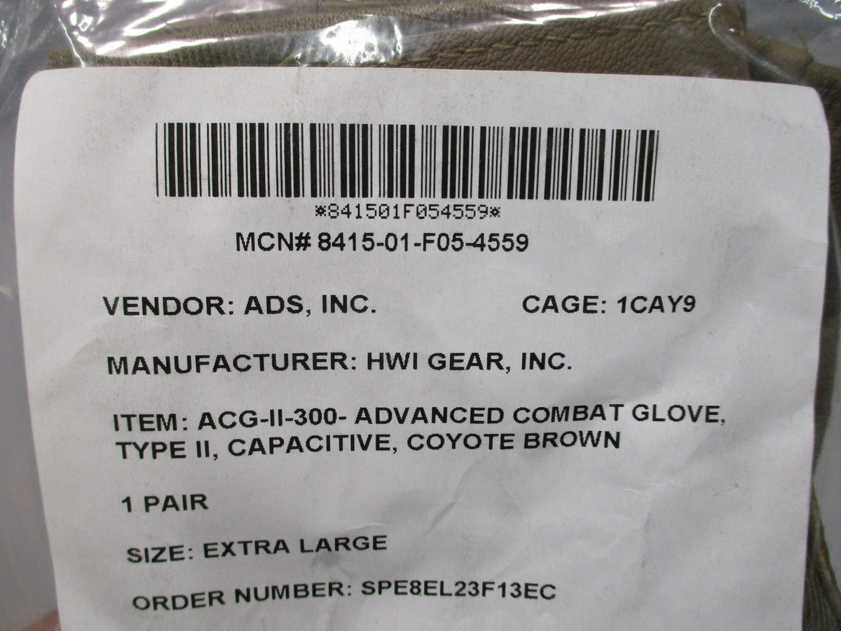 New HWI Gear ACG-II-300 Advanced Combat Gloves Type II Coyote Brown Size XL