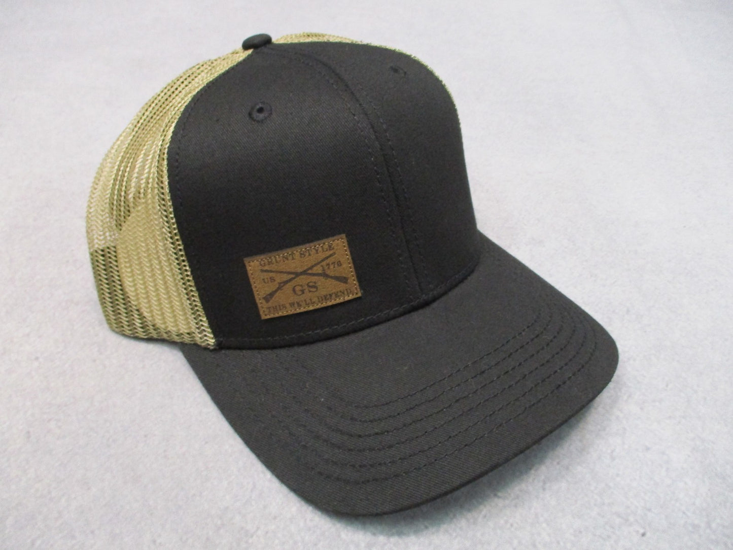 Grunt Style Trucker Hat Black/Tan Mesh Snapback Leather Logo NWT