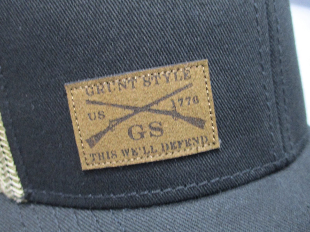 Grunt Style Trucker Hat Black/Tan Mesh Snapback Leather Logo NWT
