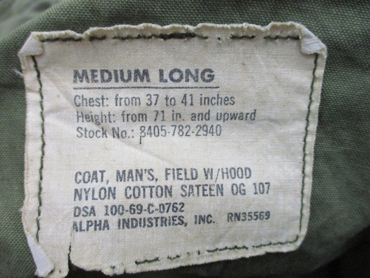 1969 Alpha Industries M-65 Field Jacket OG-107 Medium Long Vietnam Scovill