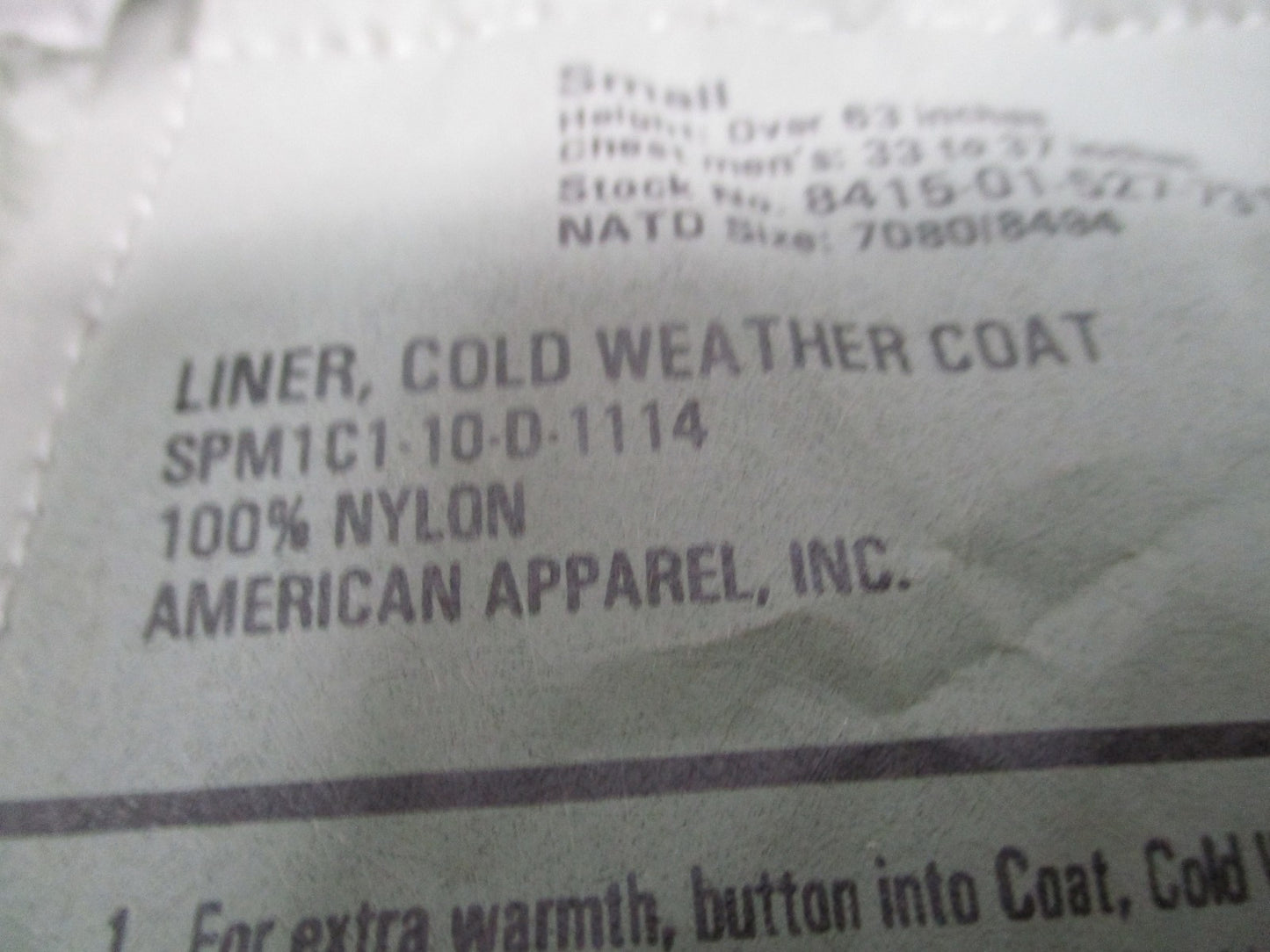 US Military M65 Field Jacket Liner Small Sage Green Quilted Cold Weather