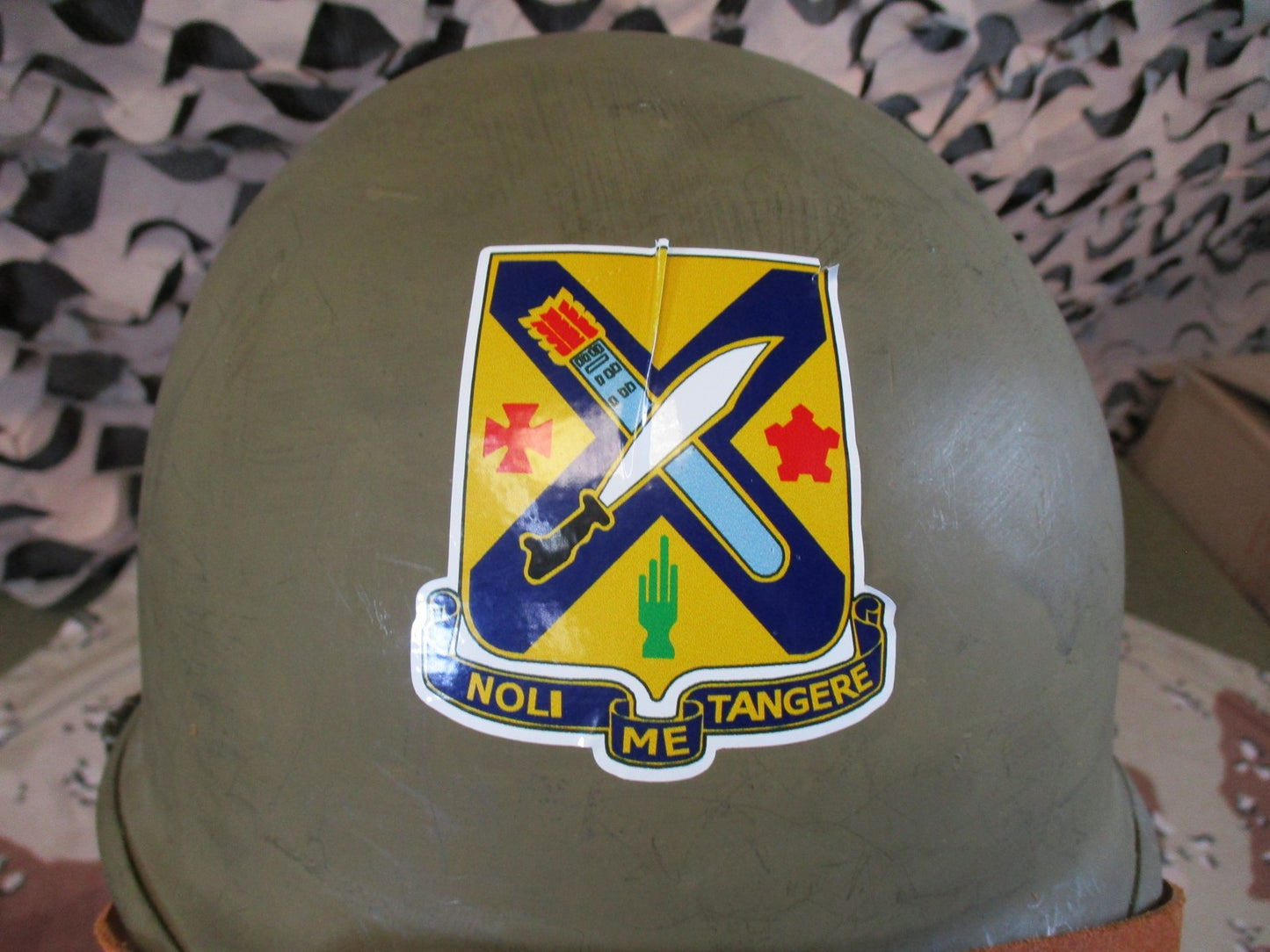 Vintage Belgian M51 Steel Helmet w/ Woodland Cover & 1st Infantry Reg Decal