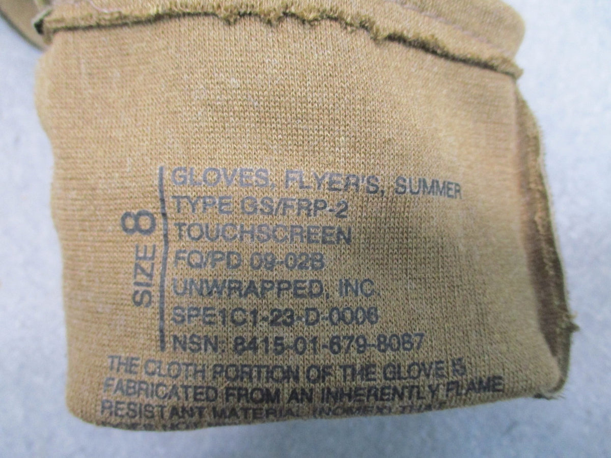 NWT USGI Nomex CVC Flyers Gloves Coyote Tan Touchscreen Size 8 GS/FRP-2