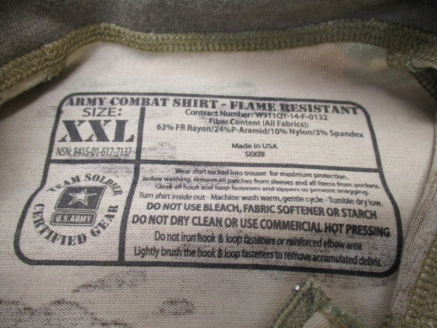 NEW SEKRI ARMY OCP MULTICAM COMBAT SHIRT TYPE II 2XL 1/4 ZIP TOP FLAME RESISTANT