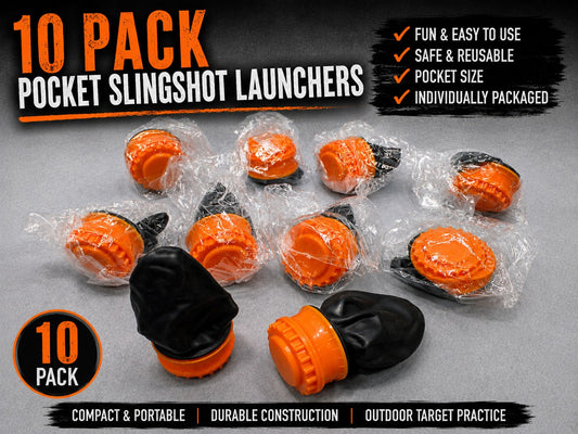 10 Pack Pocket Slingshot Launchers with Rubber Pouch – Orange/Black – Portable