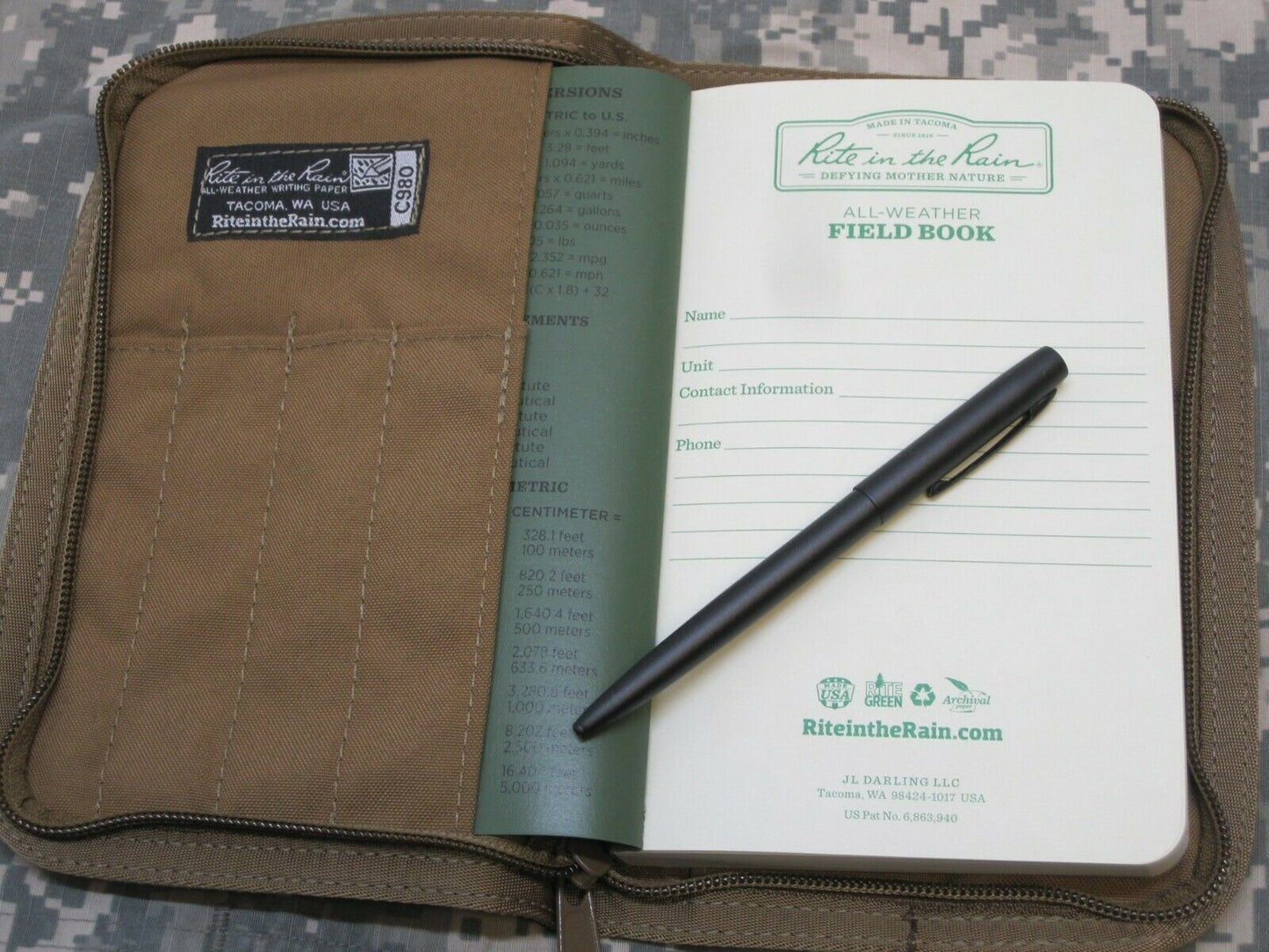 MILITARY WATERPROOF NOTEBOOK w/ PEN & COYOTE BROWN COVER ALL WEATHER NOTEPAD