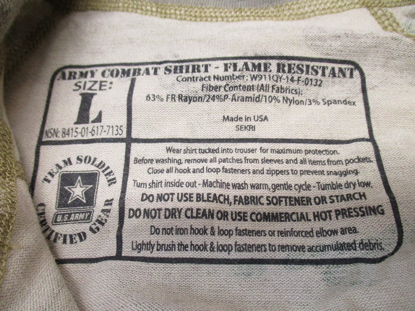 SEKRI DEFENDER M MULTICAM COMBAT SHIRT TYPE II LARGE 1/4 ZIP TOP FLAME RESISTANT