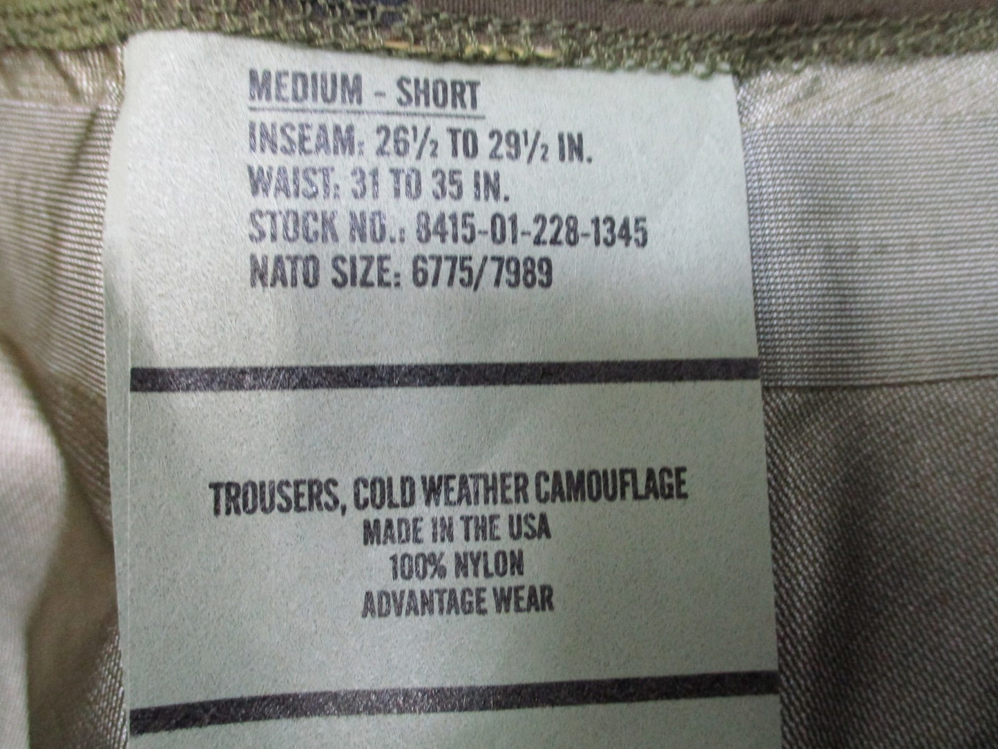 US Military Cold Weather Camouflage Trousers Medium-Short 100% Goretex Style