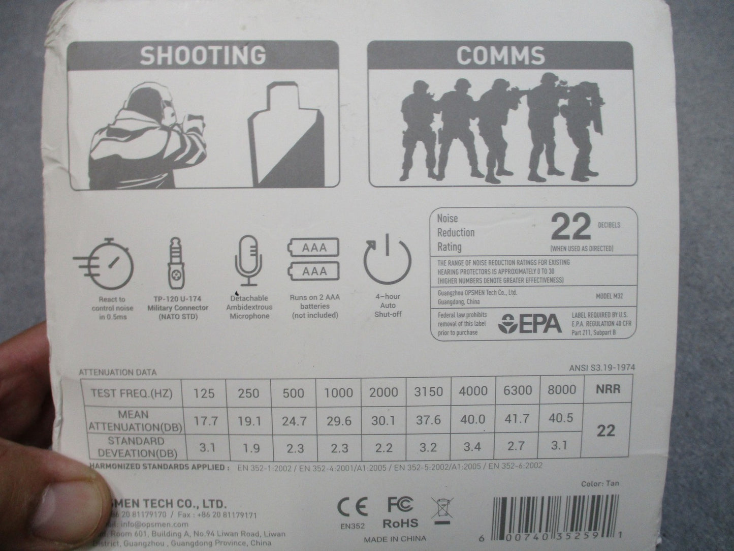 EARMOR M32 Electronic Communication Hearing Protector w/ Mic - Tan - Used