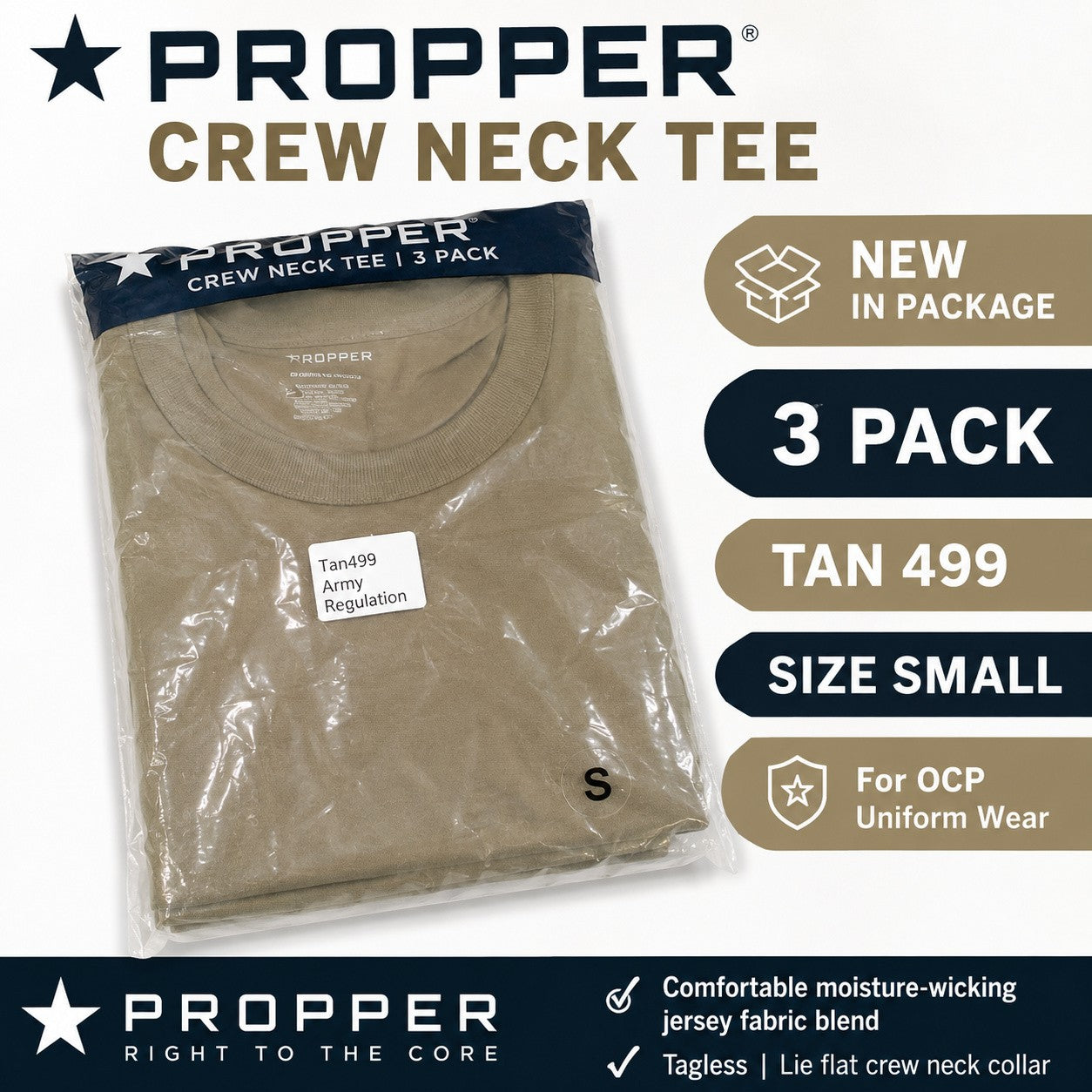 Propper 3 Pack Tan 499 Crew Neck T-Shirts Small OCP Army Uniform Undershirts