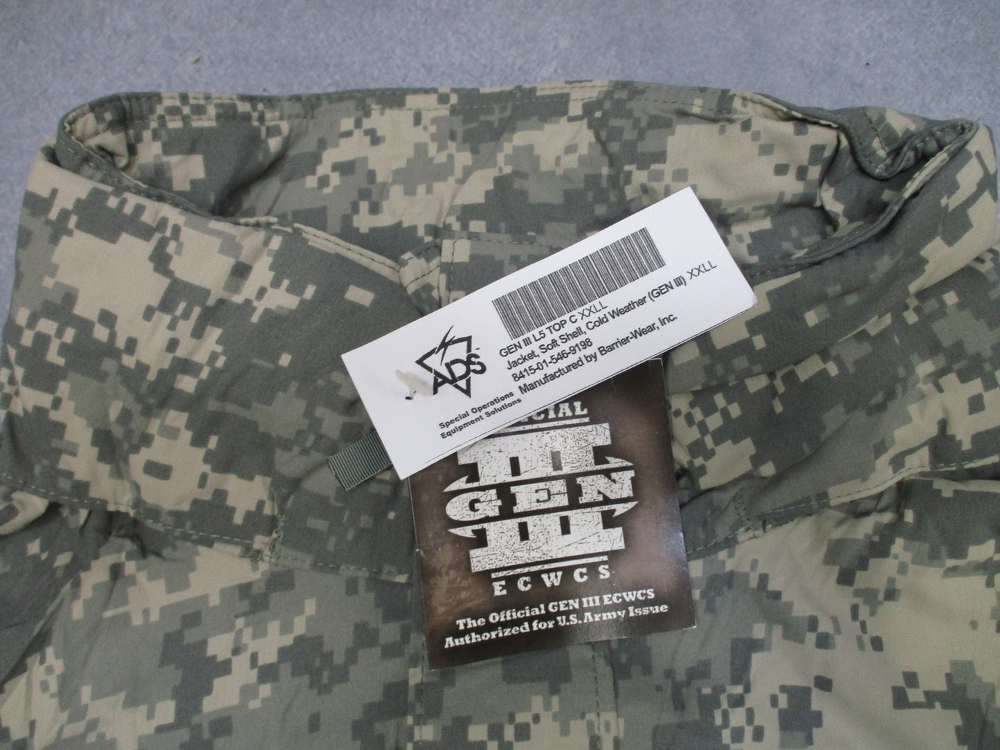 ADS ECWCS Jacket Soft Shell Cold Weather ACU Camo XXL-L Nylon Spandex NEW