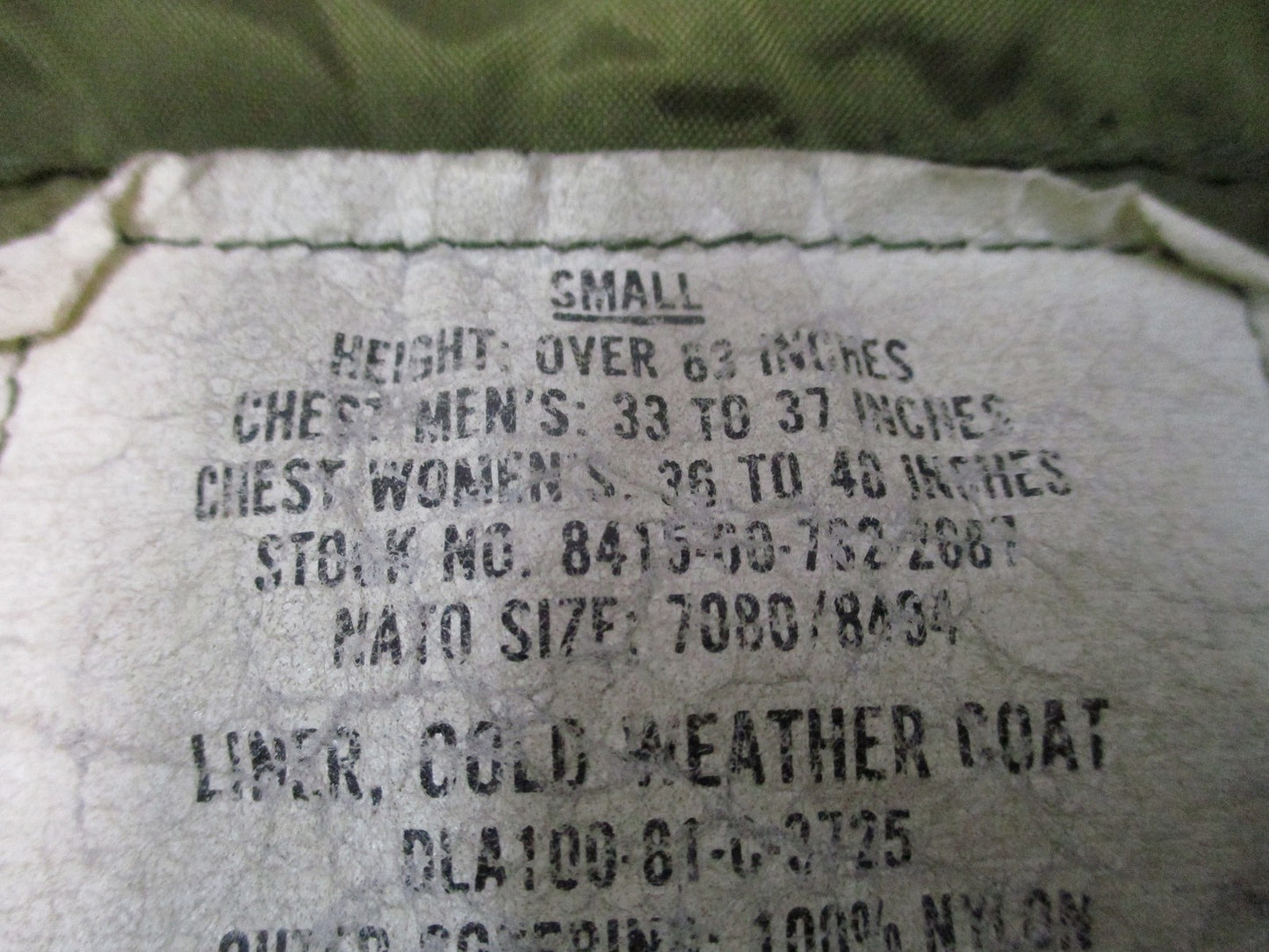 Vintage US Military M-65 Field Coat Liner Olive Drab Quilted Jacket Insert Small