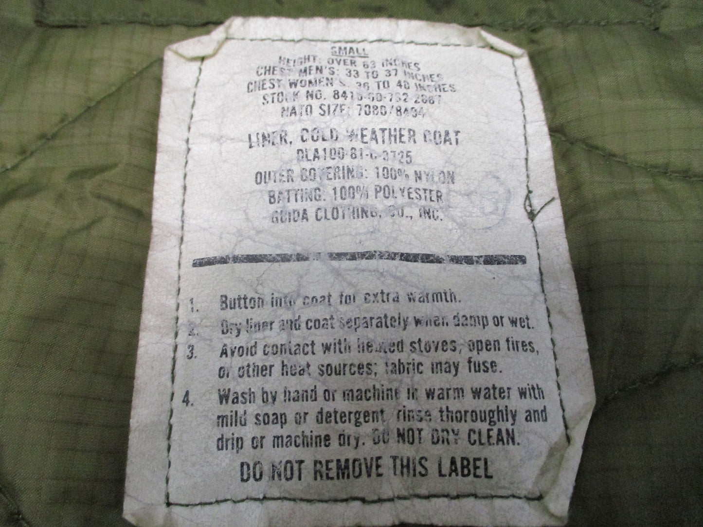 Vintage US Military M-65 Field Coat Liner Olive Drab Quilted Jacket Insert Small
