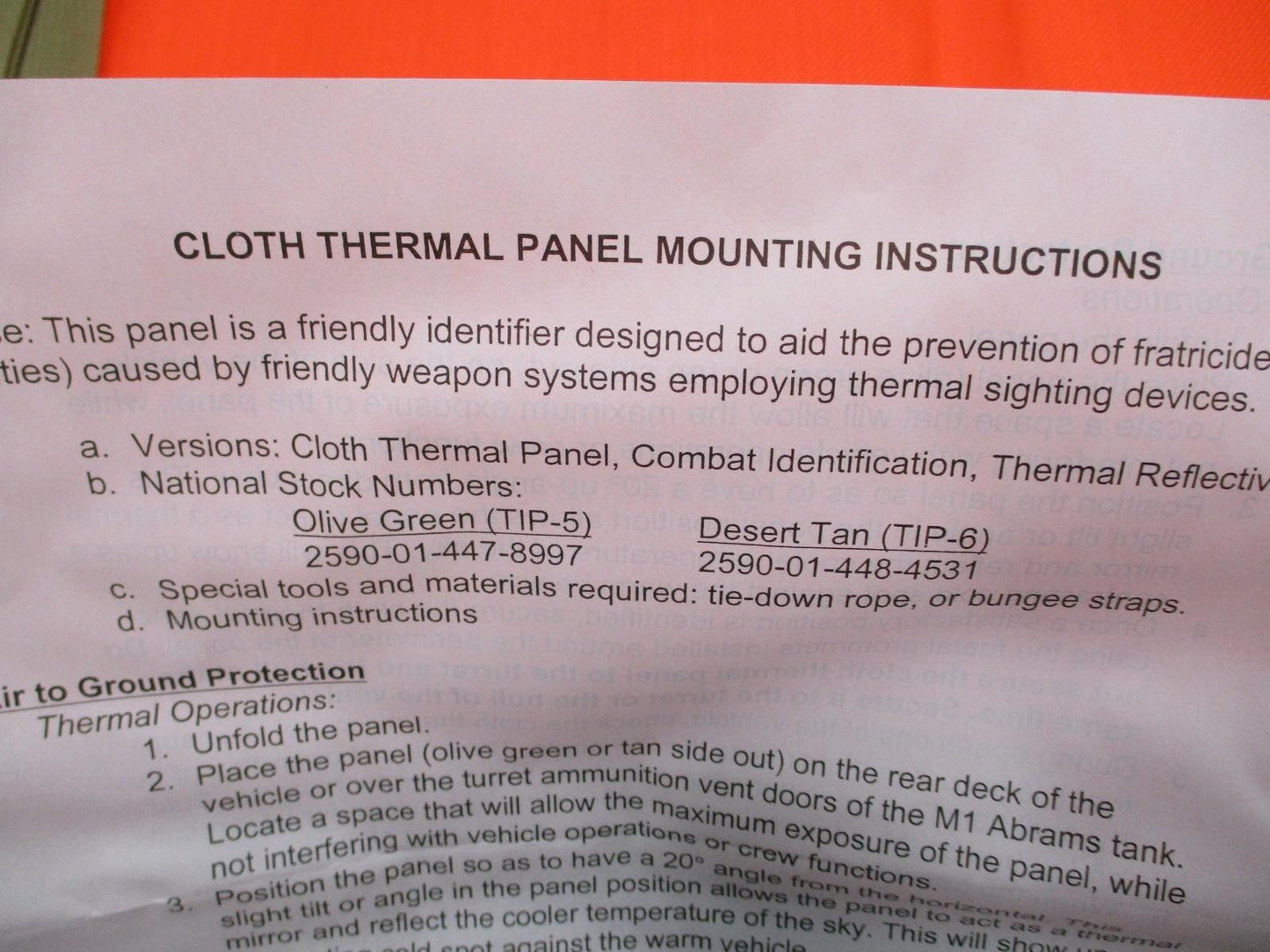 VISUAL THERMAL COMBAT ID SIGNAL PANEL 49"x49" HI VIS ORANGE CIP TIP VS-17 MARKER