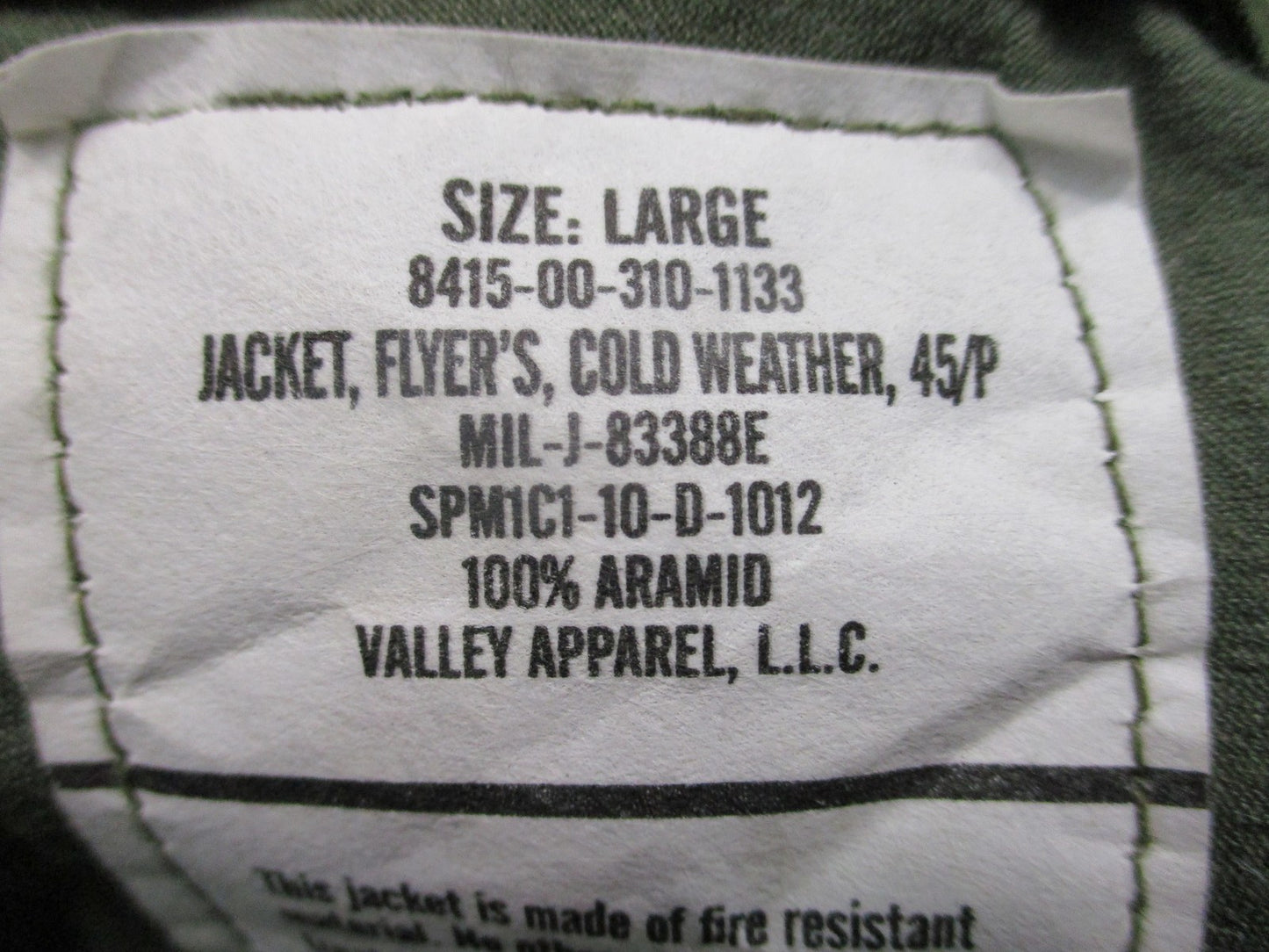 US Military CWU-45/P Flight Jacket Cold Weather Aramid Sage Green Large Surplus