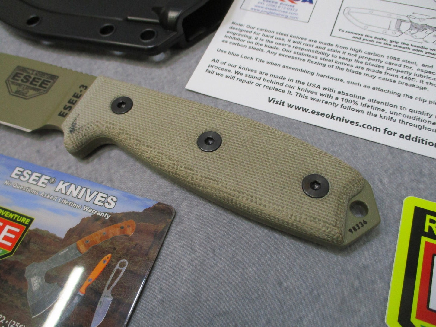 ESEE ESEE-3 Fixed Blade Knife Tan Micarta Handle Black Sheath USA Made
