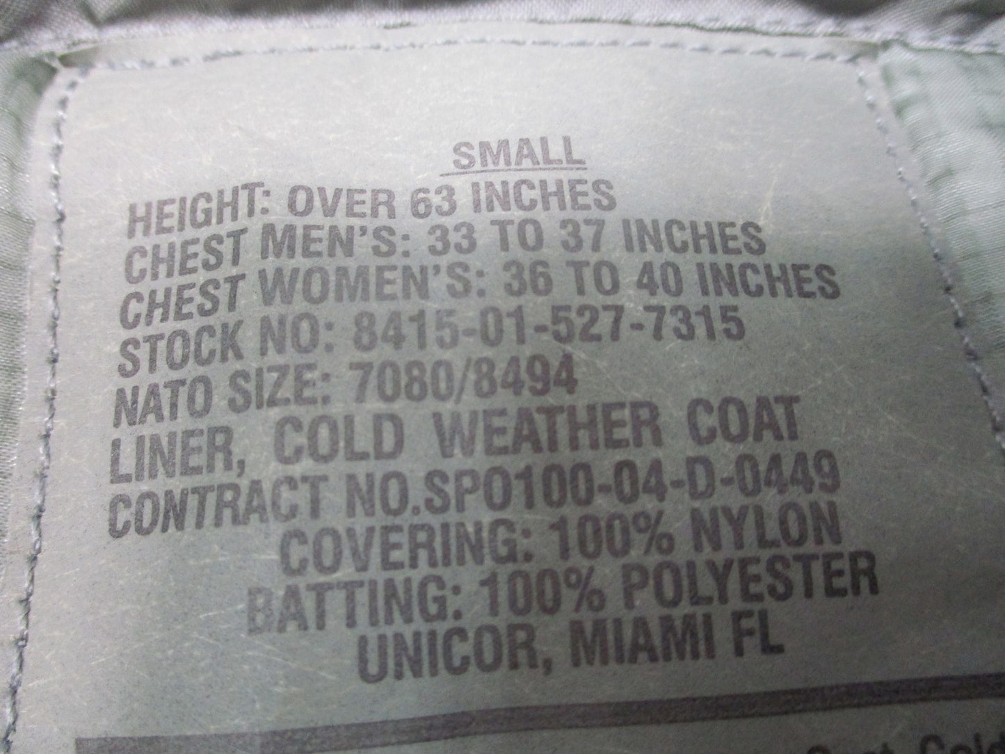 USGI M65 Field Jacket Liner Small Quilted Cold Weather 8415-01-527-7315