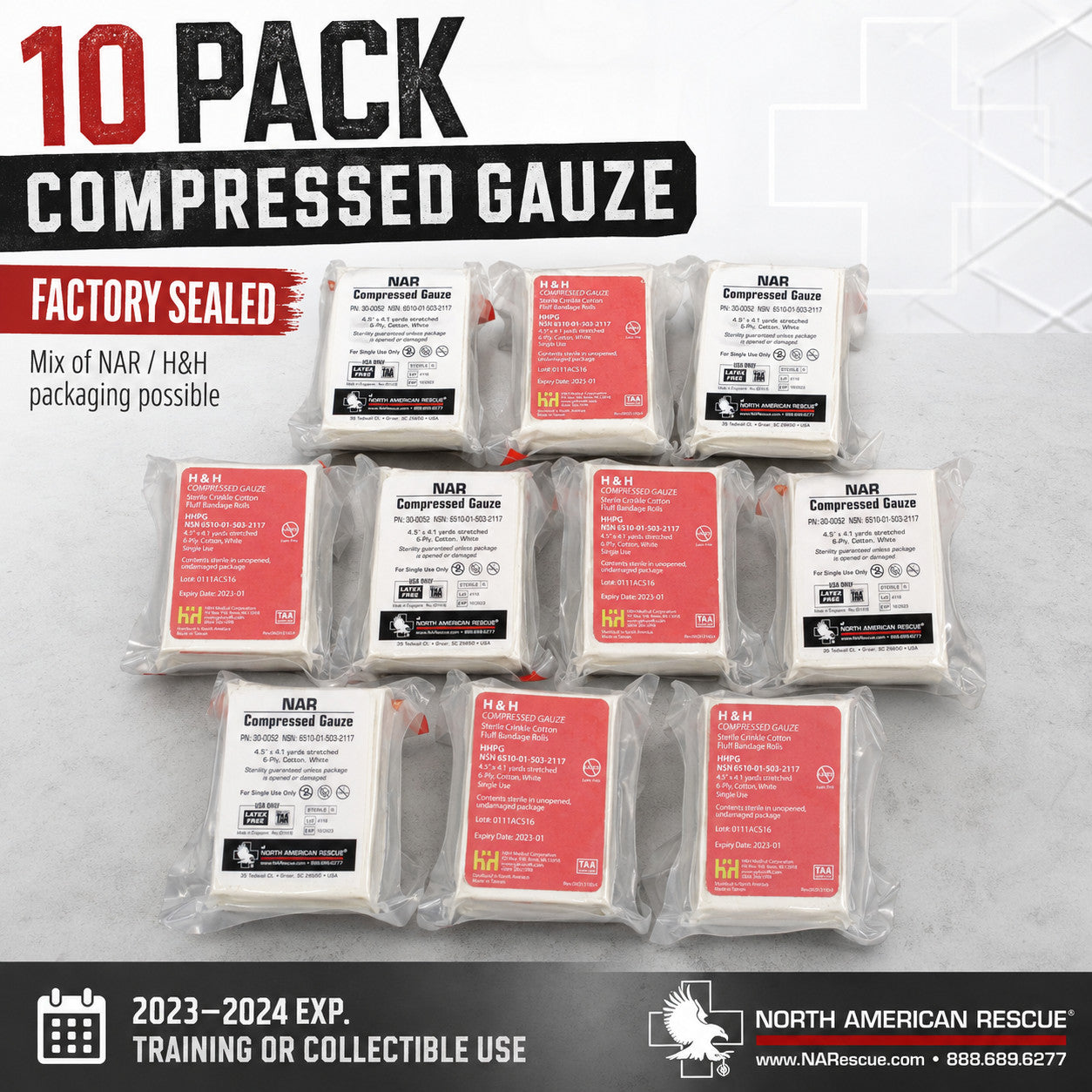 USGI Compressed Gauze 10 Pack H&H NAR Military IFAK Training Expired 2023-2024