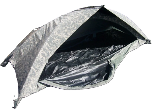 Centex Military Gear ICS Army ACU Digital one-man combat shelter tent set up outdoors, showing durable camouflage material and compact design