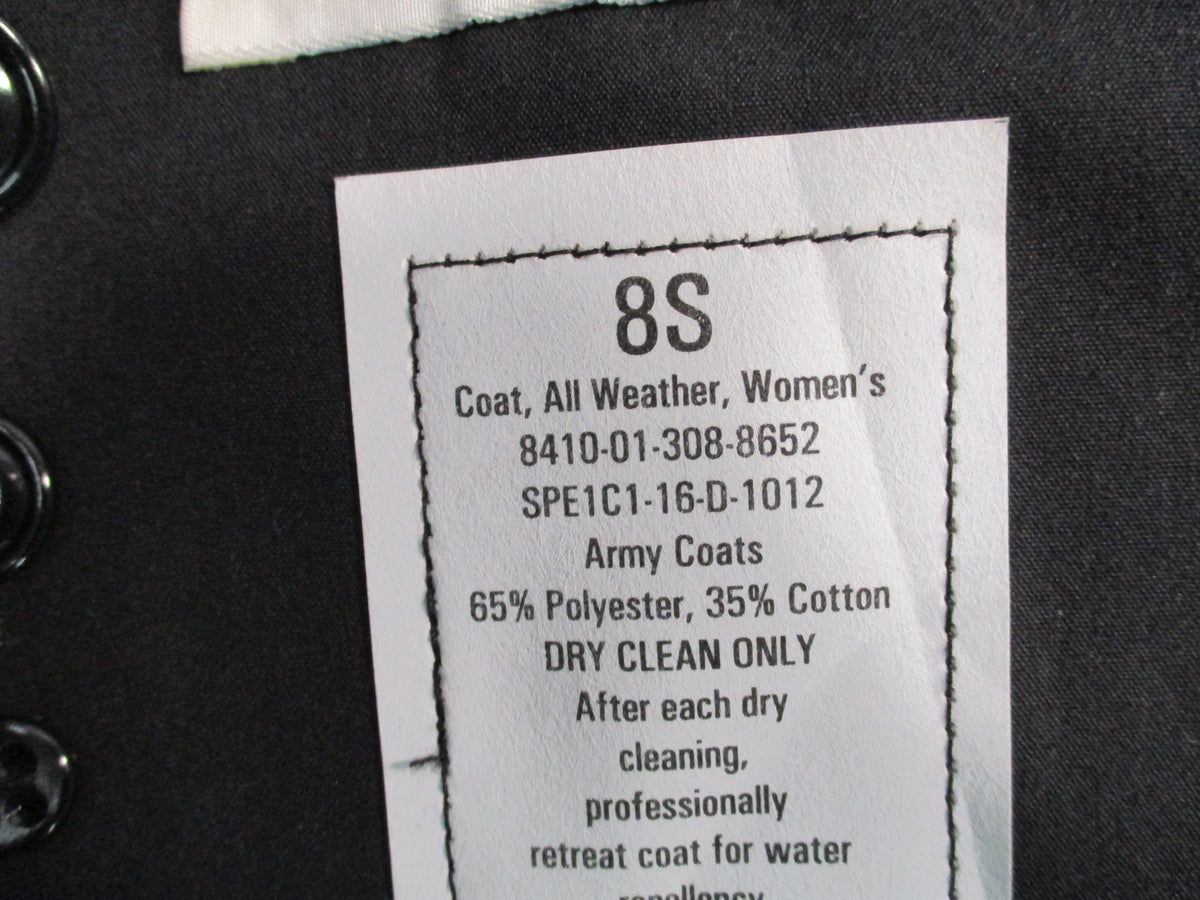 Garrison Collection women's black all-weather trench coat with belt and removable liner, size 8S short