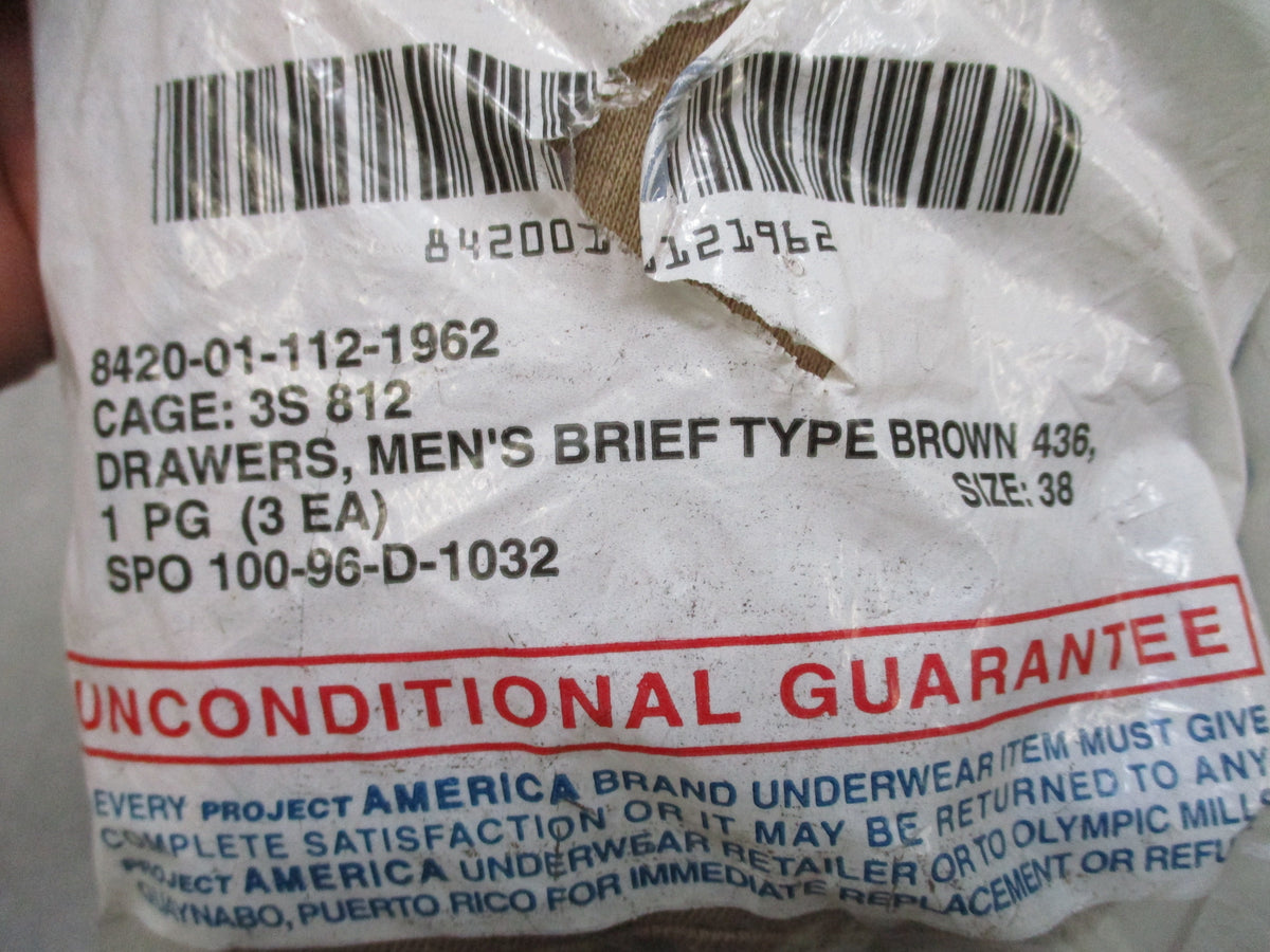 USGI Project America Brown Cotton Briefs Underwear Size 38 3 Pack USA NOS