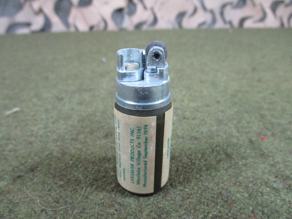 1974 Lifesaver USGI aviator survival lighter firestarter, NOS empty display item, silver metal case
