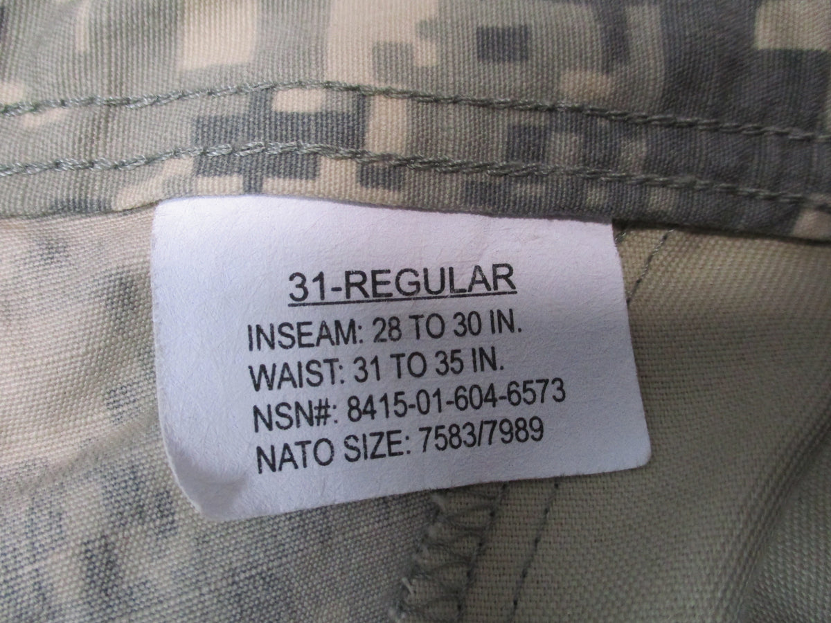 UNICOR USGI ACU-A UCP combat cargo pants, 31 Regular, camouflage uniform trousers front view